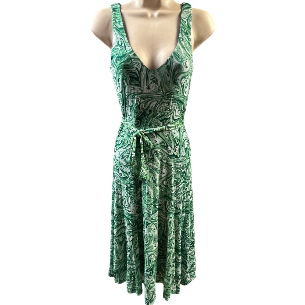 Michael Kors Midi Dress Green White Marble Swirl Mesh XS Fit Flare Belt New